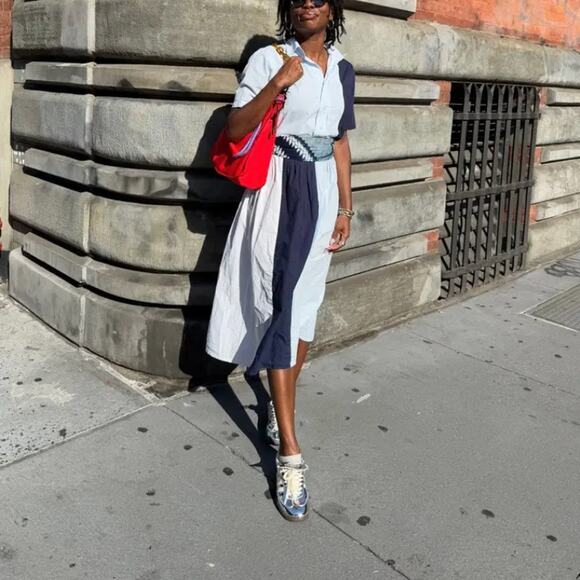 Plan C Blue Colorblock Shirt Midi Dress SMALL Cotton Oversized Designer $385 - Picture 6 of 12